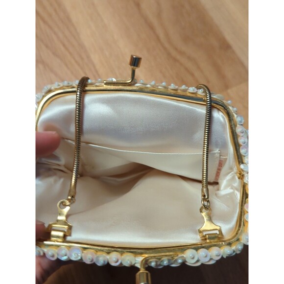 Clutch Evening Bag White Bead Sequin Vintage Wire Strap Hong Kong - Picture 7 of 10